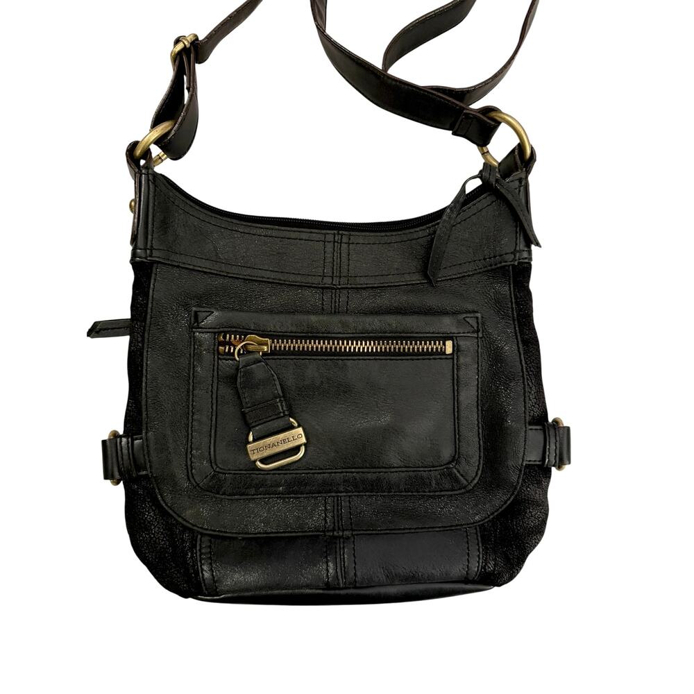 Tignanello Vintage Black Pebbled Leather Crossbody Bag Gold Buckle Utility